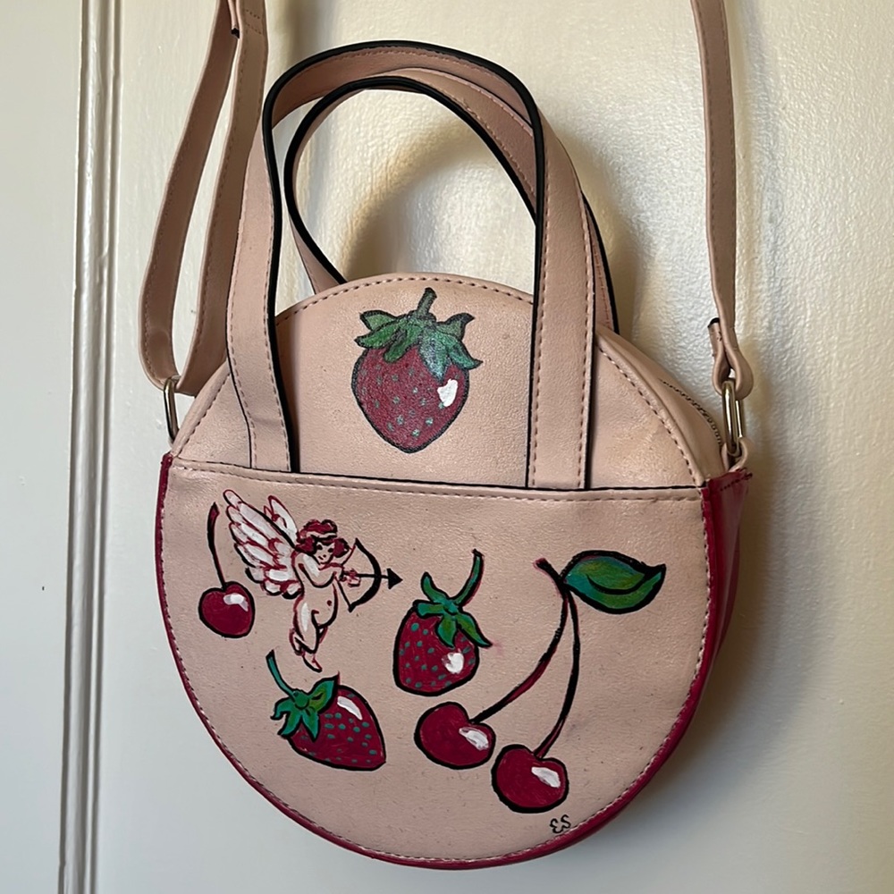 Cupid, Strawberries and Cherries - Handmade Painted Vinyl Circle Purse